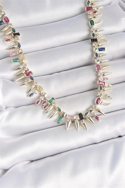 Mey İthalat® Pirinç Gold Renk Zirkon Taşlı Diken Model VIP Seri Kadın Kolye