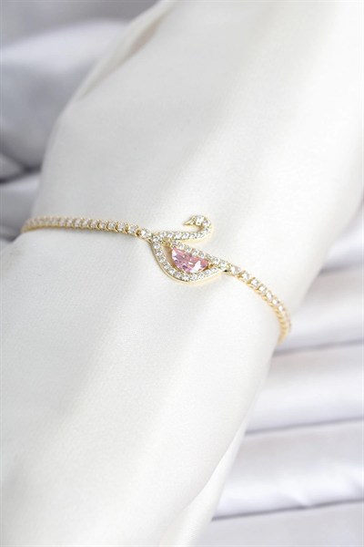 Mey İthalat® Pirinç Gold Renk Zirkon Taşlı Swan Model Su Yolu Kadın Bileklik