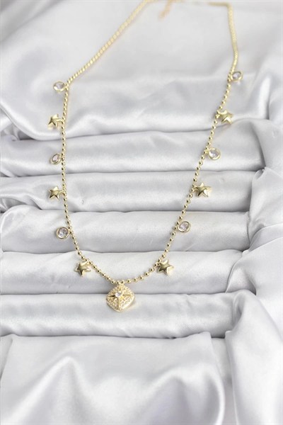 Mey İthalat® Pirinç Gold Renk Zirkon Taşlı Kutup Yıldızı Model Kadın Kolye