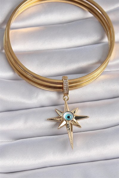 Mey İthalat® Pirinç Gold Renk Zirkon Taşlı Kutup Yıldızı Nazar Boncuk Detay Ajda Charm