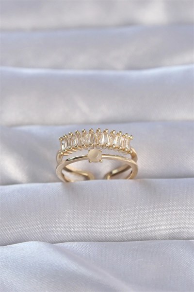 Mey İthalat® Pirinç Gold Renk Zirkon Taşlı Baget Su Yolu Model Ayarlanabilir Yüzük