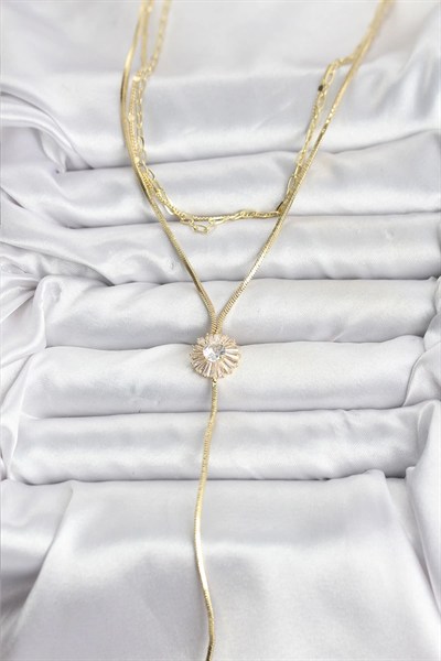 Mey İthalat® Pirinç Gold Renk Zirkon Taşlı Papatya Model Detaylı 3lü Kombin Y Kadın Kolye