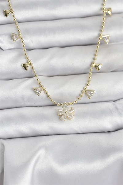 Mey İthalat® Pirinç Gold Renk Zirkon Taşlı Çiçek Model Kadın Kolye