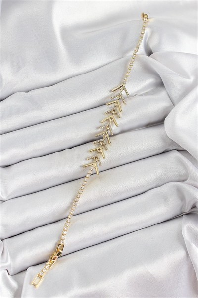 Mey İthalat® Pirinç Gold Renk Zirkon Taşlı Balık Sırtı Kadın Bileklik