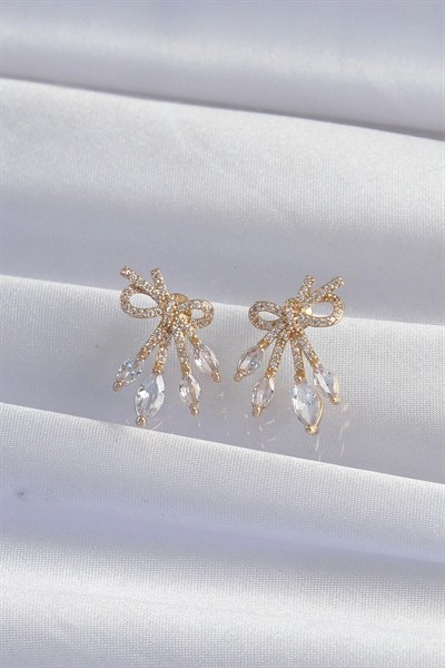 Mey İthalat® Pirinç Gold Renk Zirkon Taşlı Fiyonk Küpe