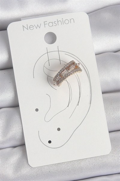 Mey İthalat® Pirinç Gold Renk Zirkon Taşlı 3Lü Sıralı Model Kadın Kıkırdak Küpe