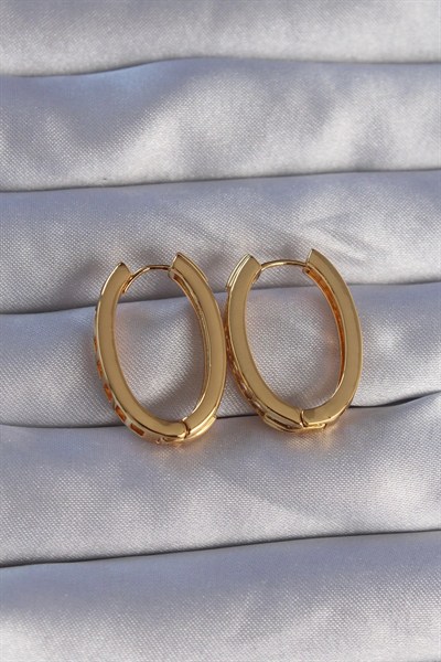 Mey İthalat® Pirinç Gold Renk Zirkon Taşlı Oval Model Küpe