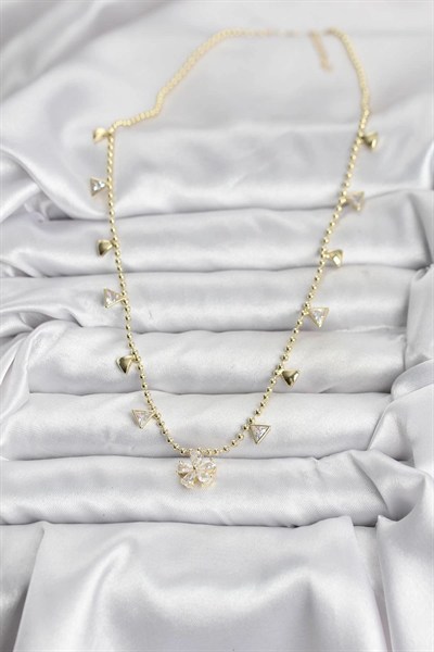 Mey İthalat® Pirinç Gold Renk Zirkon Taşlı Çiçek Model Kadın Kolye