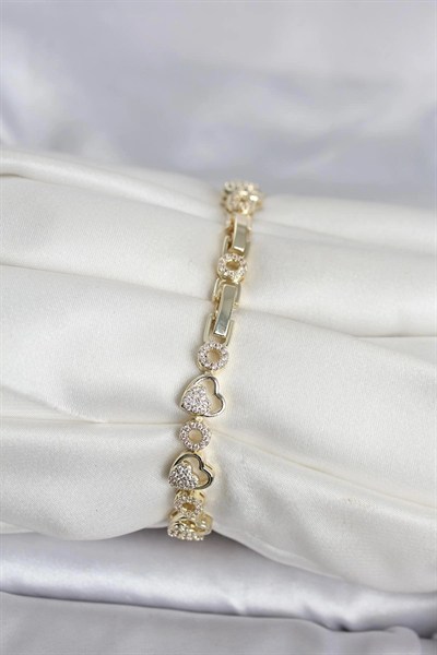 Mey İthalat® Pirinç Gold Renk Zirkon Taşlı Kalp Model Kadın Bileklik