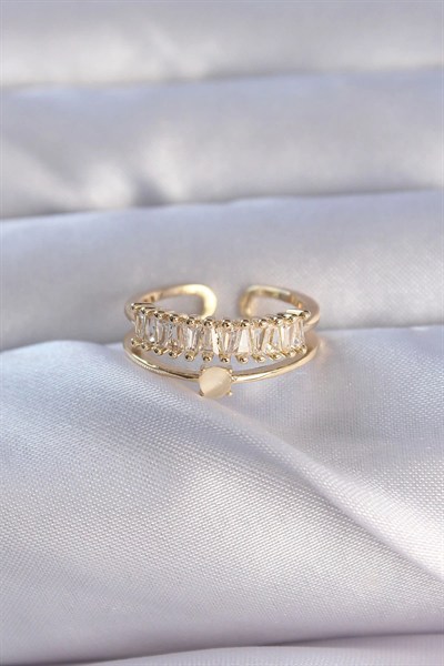 Mey İthalat® Pirinç Gold Renk Zirkon Taşlı Baget Su Yolu Model Ayarlanabilir Yüzük