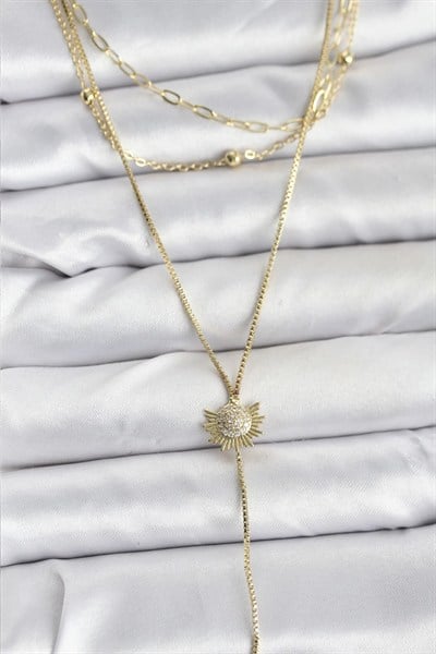 Mey İthalat® Pirinç Gold Renk Zirkon Taşlı Güneş Model Detaylı 3lü Kombin Y Kadın Kolye