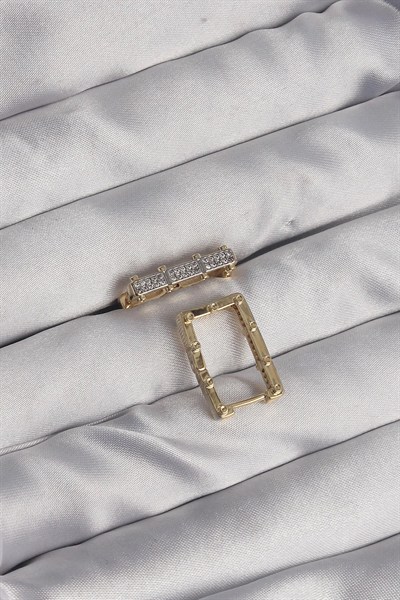 Mey İthalat® Pirinç Gold Renk Zirkon Taşlı Dikdörtgen Model Seranay Küpe