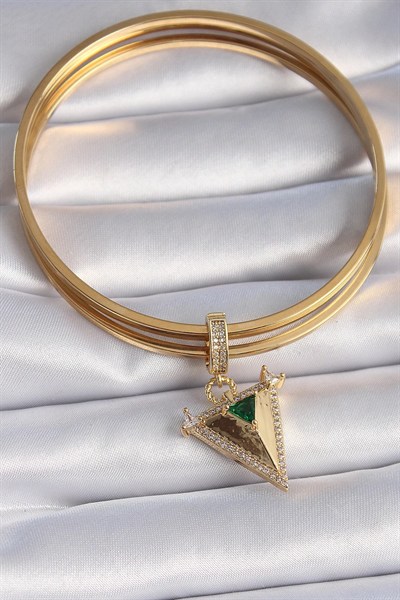 Mey İthalat® Pirinç Gold Renk Zirkon Taşlı 3D Üçgen Model Ajda Charm