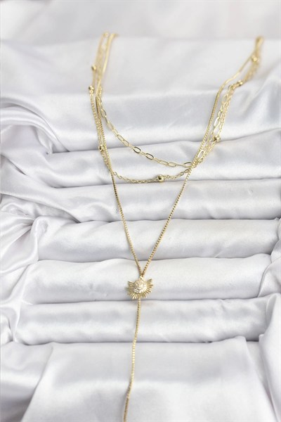 Mey İthalat® Pirinç Gold Renk Zirkon Taşlı Güneş Model Detaylı 3lü Kombin Y Kadın Kolye