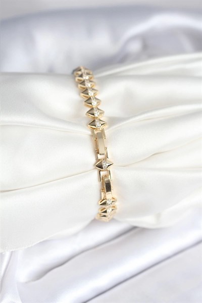 Mey İthalat® Pirinç Gold Renk Zirkon Taşlı Baklava Model Kadın Bileklik