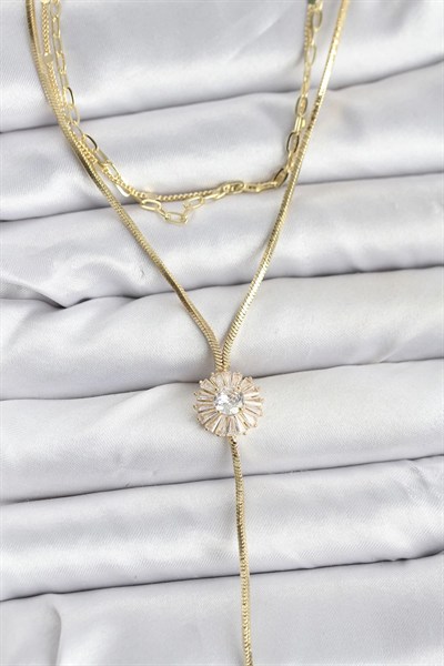 Mey İthalat® Pirinç Gold Renk Zirkon Taşlı Papatya Model Detaylı 3lü Kombin Y Kadın Kolye