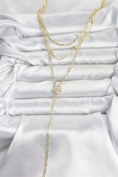 Mey İthalat® Pirinç Gold Renk Zirkon Taşlı Çiçek Model Detaylı 3lü Kombin Y Kadın Kolye