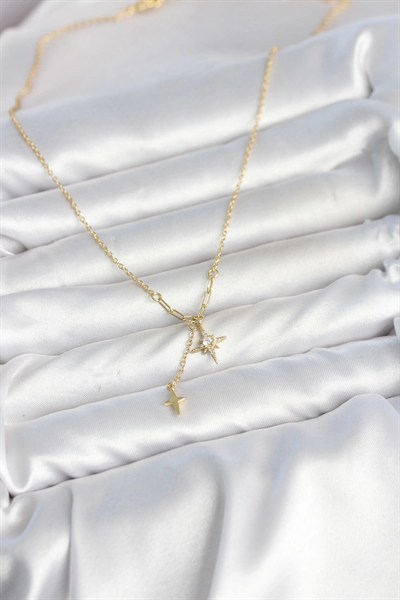 Mey İthalat® Pirinç Gold Renk Zirkon Taşlı Minimal Sallantılı Kutup Yıldızı Model Kadın Kolye