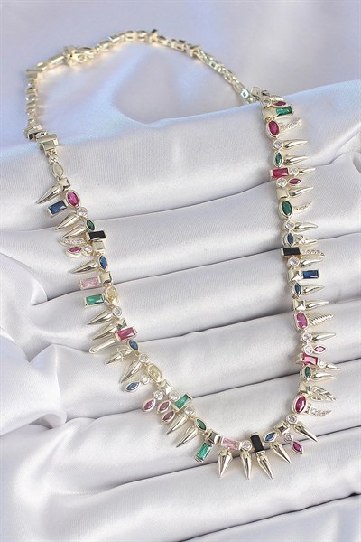 Mey İthalat® Pirinç Gold Renk Zirkon Taşlı Diken Model VIP Seri Kadın Kolye