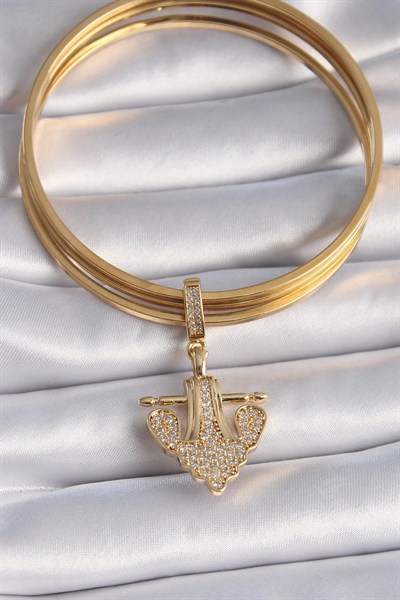 Mey İthalat® Pirinç Gold Renk Zirkon Taşlı Çapa Model Ajda Charm