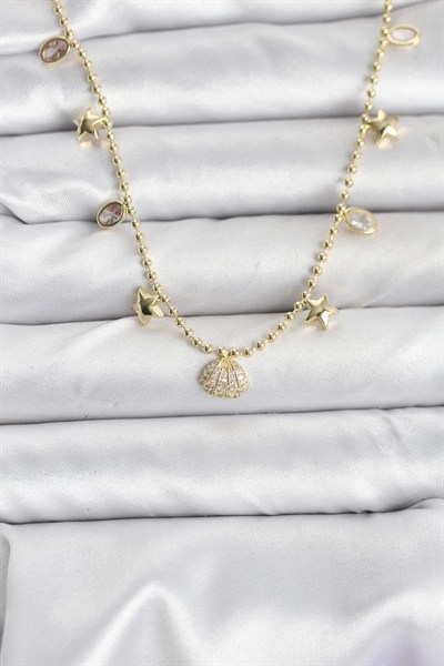 Mey İthalat® Pirinç Gold Renk Zirkon Taşlı Deniz Kabuğu Model Kadın Kolye