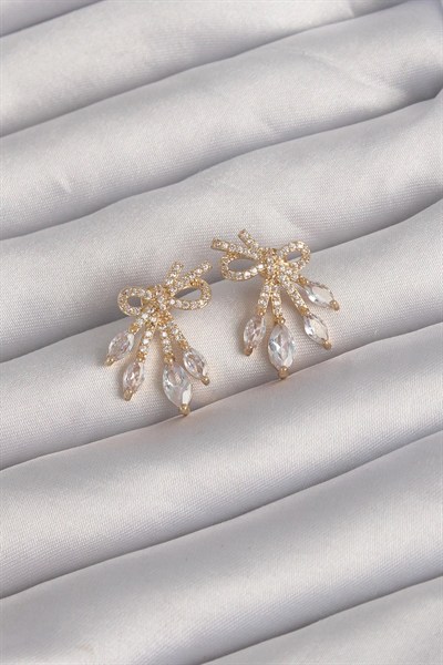 Mey İthalat® Pirinç Gold Renk Zirkon Taşlı Fiyonk Küpe