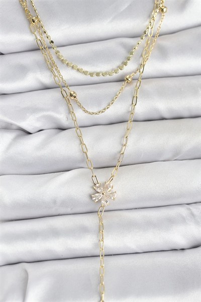 Mey İthalat® Pirinç Gold Renk Zirkon Taşlı Çiçek Model Detaylı 3lü Kombin Y Kadın Kolye