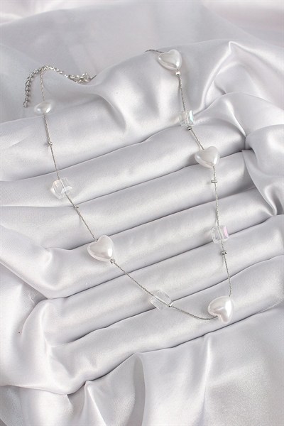 Mey İthalat® Pirinç Gümüş Renk Beyaz İnci Kalp Model Kadın Kolye