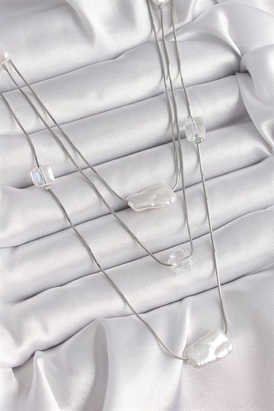 Mey İthalat® Pirinç Gümüş Renk Ezme İnci Model Çoklu Kadın Kolye