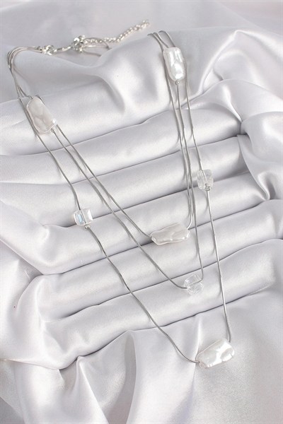 Mey İthalat® Pirinç Gümüş Renk Ezme İnci Model Çoklu Kadın Kolye