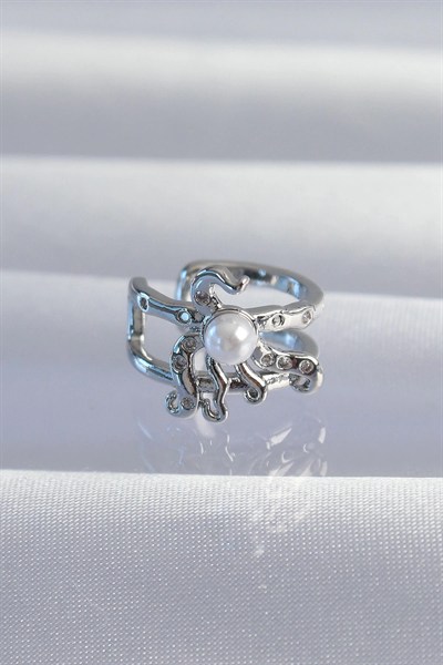 Mey İthalat® Pirinç Gümüş Renk İncili Ahtapot Earcuff Küpe