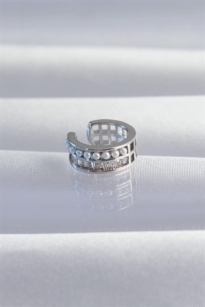 Mey İthalat® Pirinç Gümüş Renk İncili Baget Taşlı Earcuff Küpe