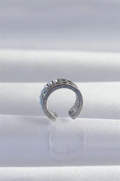 Mey İthalat® Pirinç Gümüş Renk İncili Baget Taşlı Earcuff Küpe