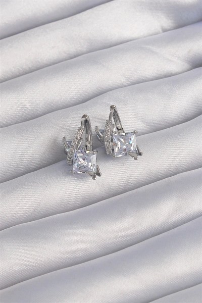 Mey İthalat® Pirinç Gümüş Renk İri Zirkon Taşlı Kıvrımlı Minimal Kelebekli Halka Küpe