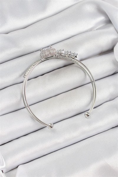 Mey İthalat® Pirinç Gümüş Renk Kalpli Zirkon Taşlı Kadın Bileklik