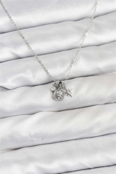 Mey İthalat® Pirinç Gümüş Renk Minimal Charmlı Kadın Kolye