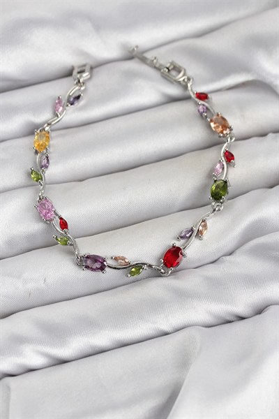 Mey İthalat® Pirinç Gümüş Renk Mix Renk Zirkon Taşlı Çiçek Model Kadın Bileklik