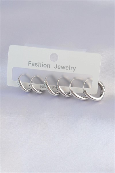 Mey İthalat® Pirinç Gümüş Renk Oval Küpe Seti