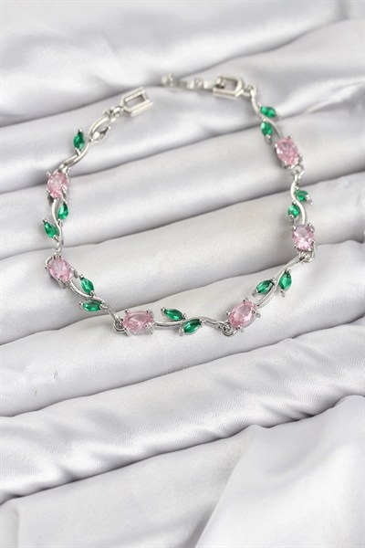 Mey İthalat® Pirinç Gümüş Renk Pembe Zirkon Taşlı Çiçek Model Kadın Bileklik