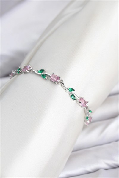 Mey İthalat® Pirinç Gümüş Renk Pembe Zirkon Taşlı Çiçek Model Kadın Bileklik
