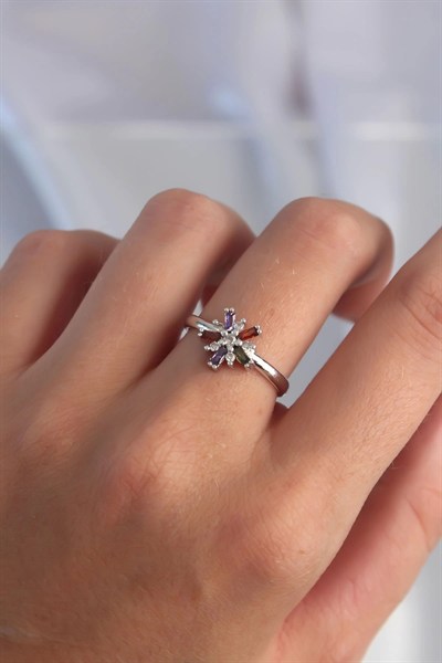 Mey İthalat® Pirinç Gümüş Renk Renkli Zirkon Taşlı Ayarlamalı Yüzük