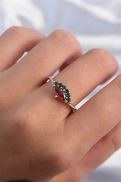 Mey İthalat® Pirinç Gümüş Renk Renkli Zirkon Taşlı Ayarlanabilir Karpuz Model Yüzük