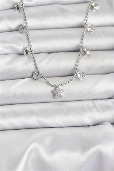 Mey İthalat® Pirinç Gümüş Renk Yıldız Model Kadın Kolye