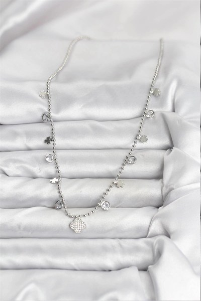 Mey İthalat® Pirinç Gümüş Renk Yonca Model Kadın Kolye