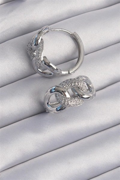 Mey İthalat® Pirinç Gümüş Renk Zirkon Taşlı Samanyolu Küpe