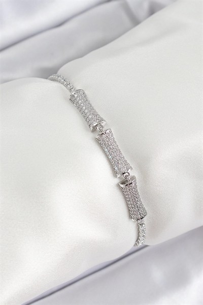 Mey İthalat® Pirinç Gümüş Renk Zirkon Taşlı Kemik Model Kadın Bileklik