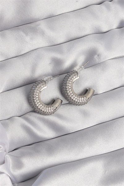 Mey İthalat® Pirinç Gümüş Renk Zirkon Taşlı Yarım Halka Küpe