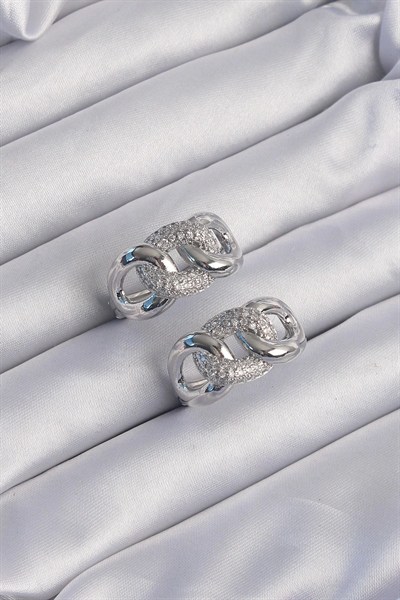 Mey İthalat® Pirinç Gümüş Renk Zirkon Taşlı Samanyolu Küpe