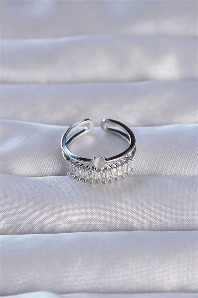 Mey İthalat® Pirinç Gümüş Renk Zirkon Taşlı Baget Su Yolu Model Ayarlanabilir Yüzük