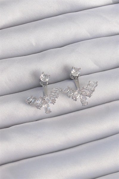 Mey İthalat® Pirinç Gümüş Renk Zirkon Taşlı V Model Küpe